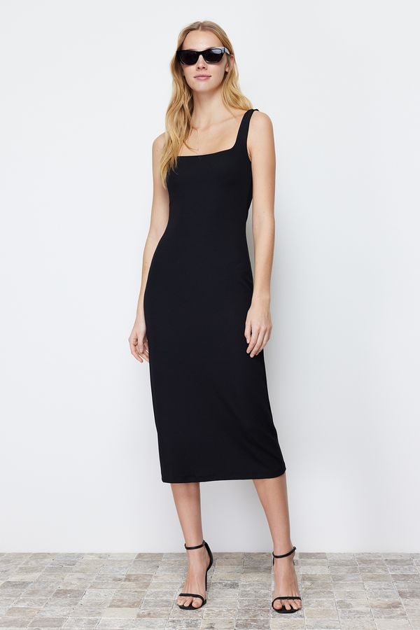 Trendyol Trendyol Black Strap Square Neck Fitted Fitted Flexible Midi Knitted Pencil Dress
