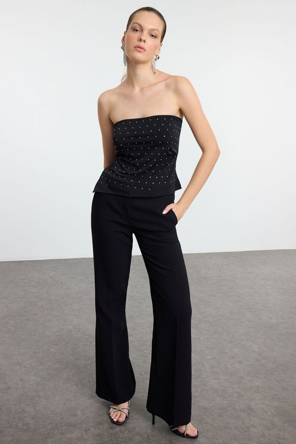 Trendyol Trendyol Black Strapless Stone Printed Knitted Blouse