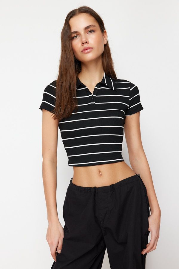 Trendyol Trendyol Black Striped Fitted/Fitted Crop Polo Neck Ribbed Stretch Knitted Blouse