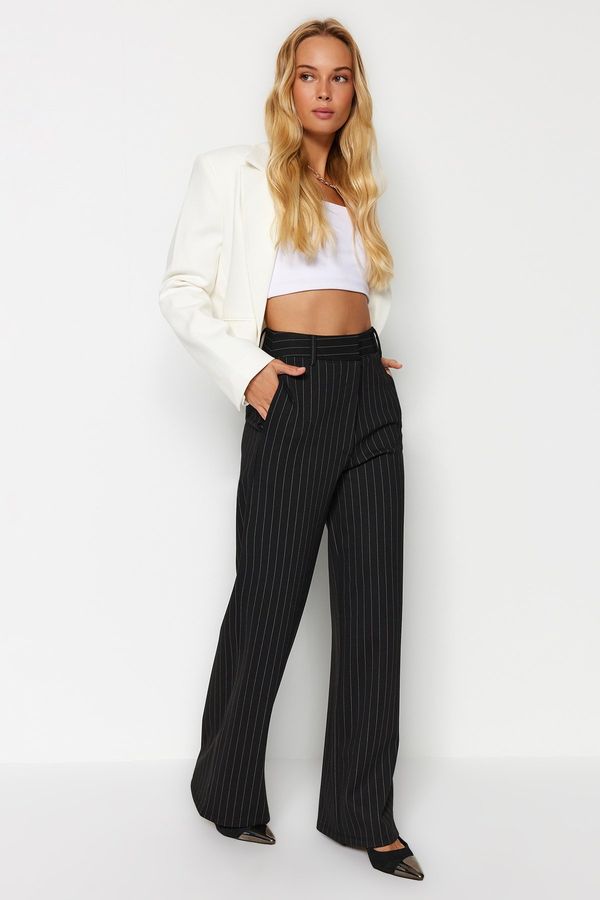 Trendyol Trendyol Black Striped Straight Fit High Waist Knitted Pants