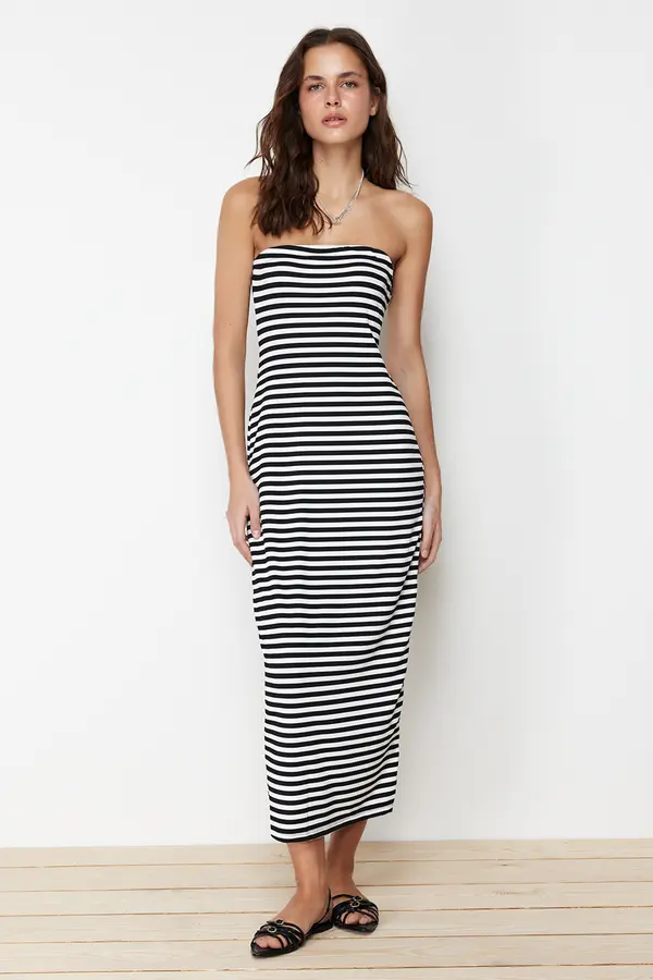Trendyol Trendyol Black Striped Strapless Fitted Flexible Maxi Knitted Pencil Dress
