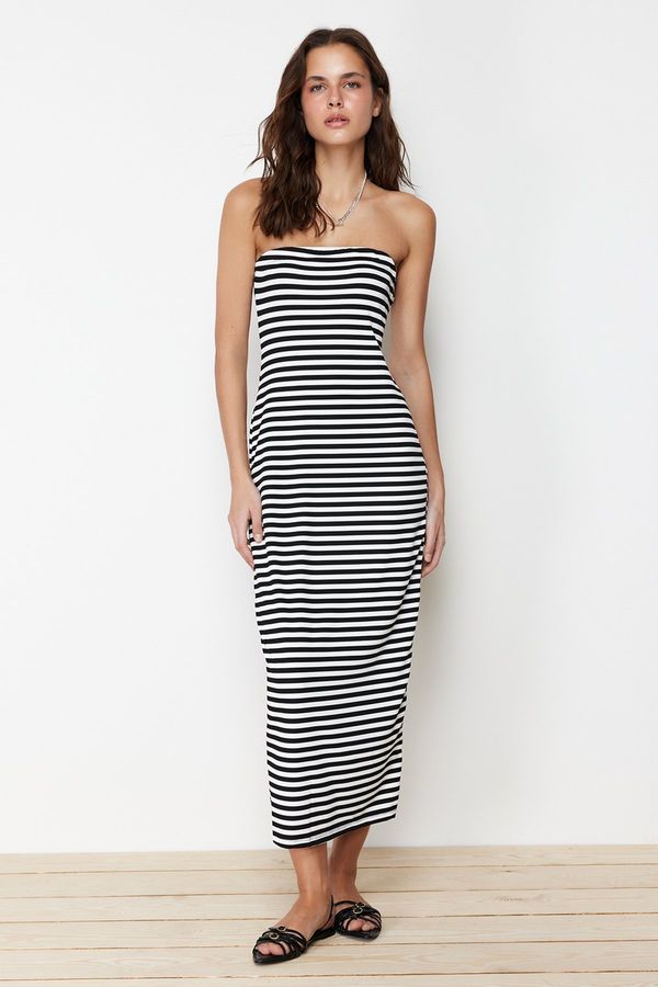 Trendyol Trendyol Black Striped Strapless Fitted Flexible Maxi Knitted Pencil Dress