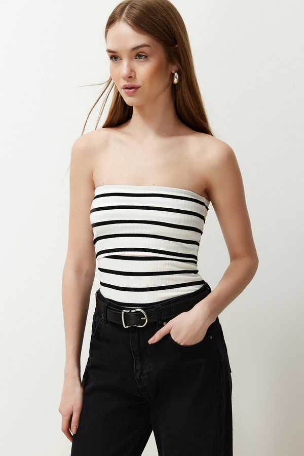 Trendyol Trendyol Black Striped Strapless Ribbed Stretch Knitted Blouse