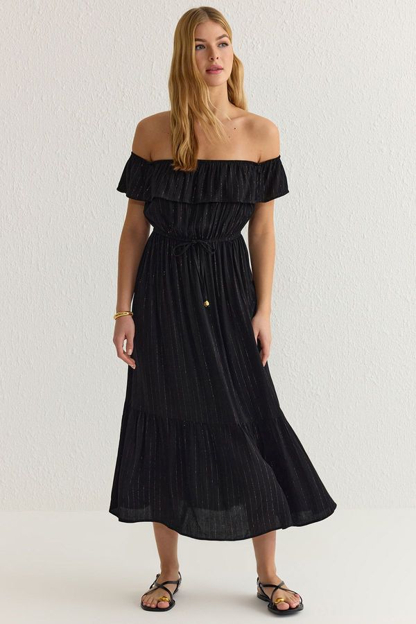 Trendyol Trendyol Black Striped Waist Opening Midi Woven Dress