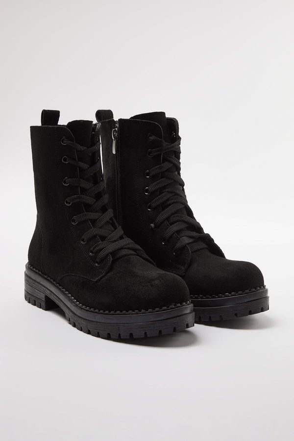 Trendyol Trendyol Black Suede Lace-Up and Zippered Women's Combat Boots