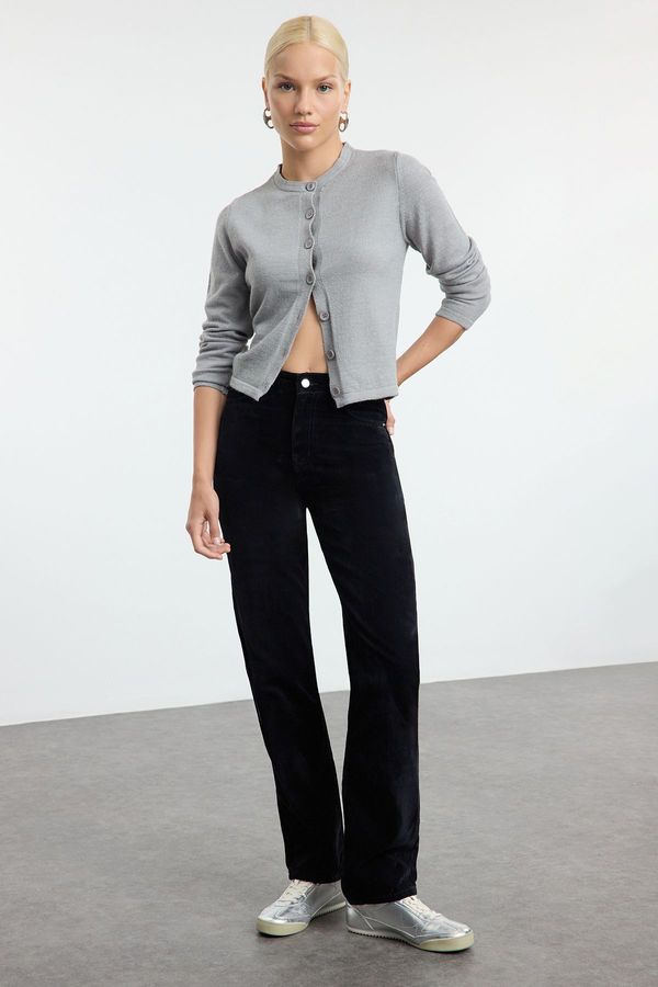 Trendyol Trendyol Black Suede Look High Waist Straight Jeans