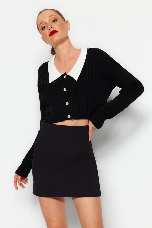 Trendyol Trendyol Black Super Crop Corduroy Sweater Cardigan