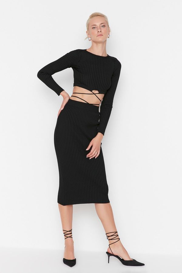 Trendyol Trendyol Black Super Crop Tie Detailed Skirt Knitwear Two Piece Set