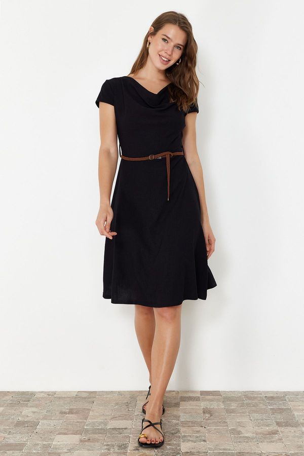 Trendyol Trendyol Black Textured Belt Detailed Degaje Collar Flexible Skater/Waist-Opening Midi Knitted Dress