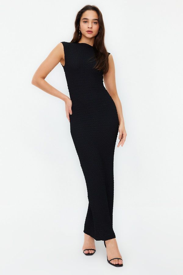 Trendyol Trendyol Black Textured Fabric Fitted Moon Sleeve Knitted Stretchy Midi Pencil Dress