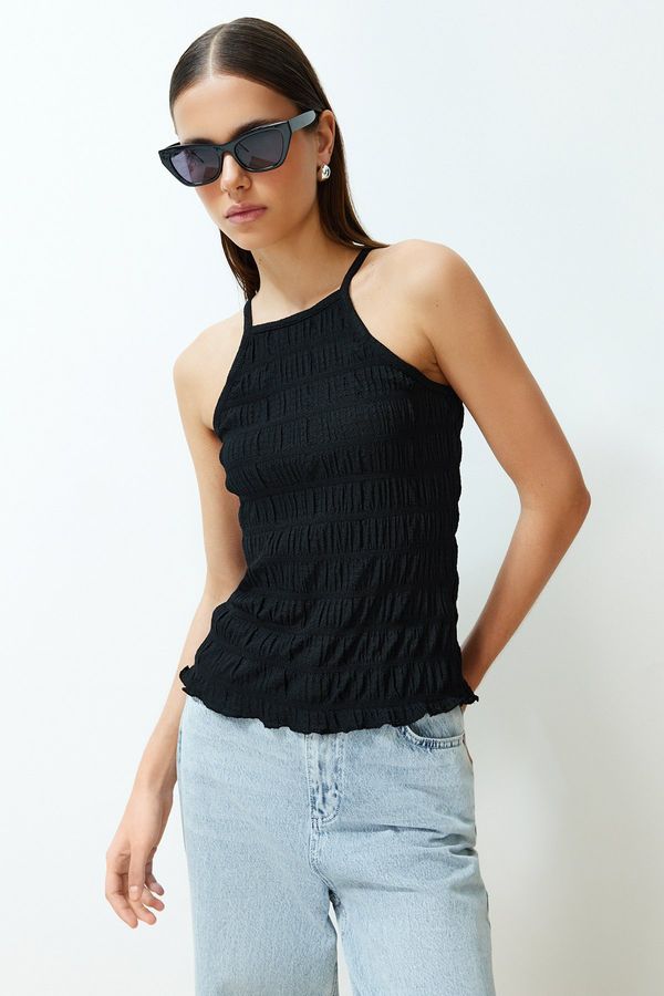 Trendyol Trendyol Black Textured Plain Slim Halter Neck Strap Knitted Blouse