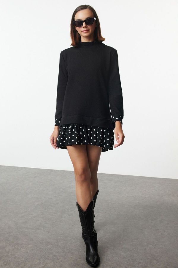 Trendyol Trendyol Black Thessaloniki Stand Collar Polka Dot Mini Knitted Dress