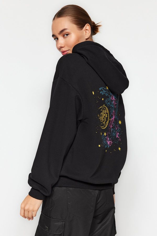 Trendyol Trendyol Black Thick Fleece Hooded Printed Oversized/Cromatic Knitted Sweatshirt