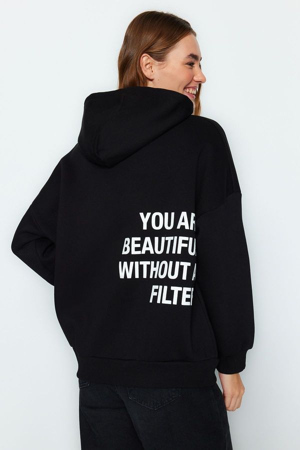 Trendyol Trendyol Black Thick Fleece Inside Printed Back Oversized/Wide Knitted Sweatshirt