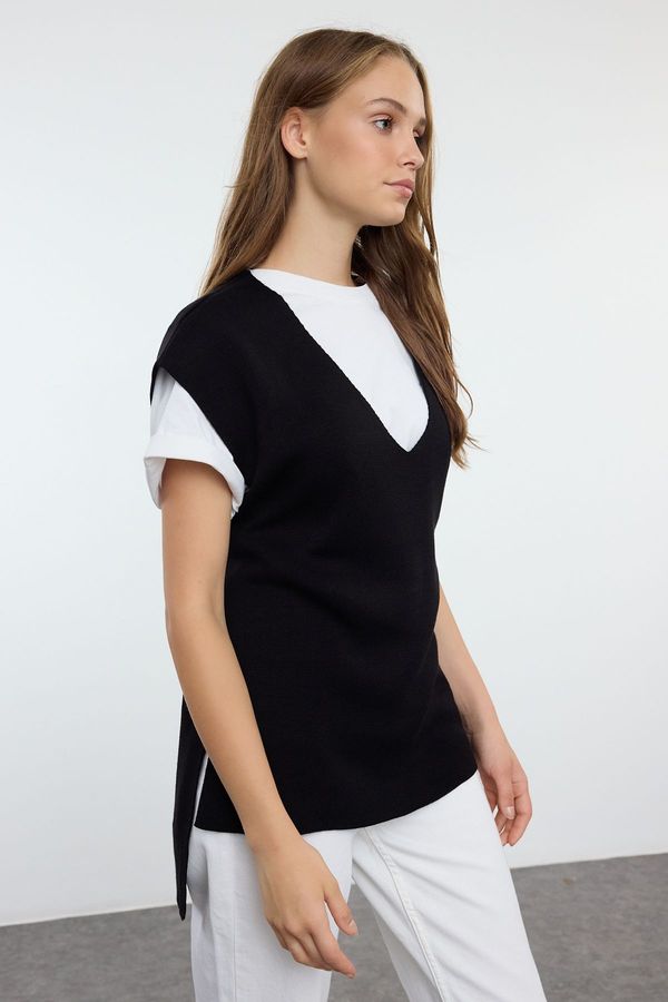 Trendyol Trendyol Black Tie Detailed V Neck Knit Sweater