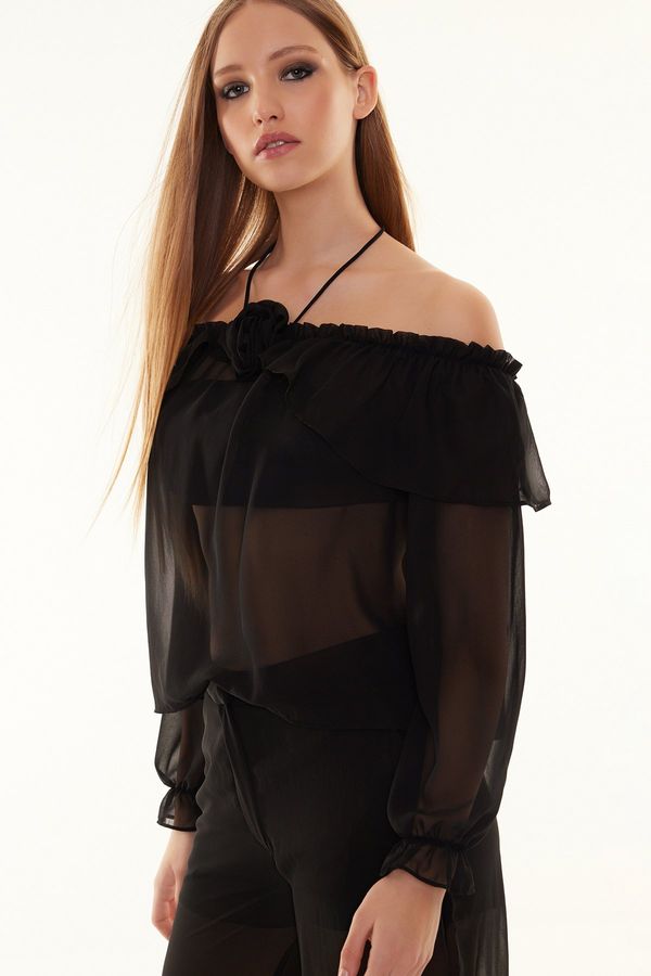 Trendyol Trendyol Black Unlined Flounce Rose Detailed Woven Chiffon Blouse