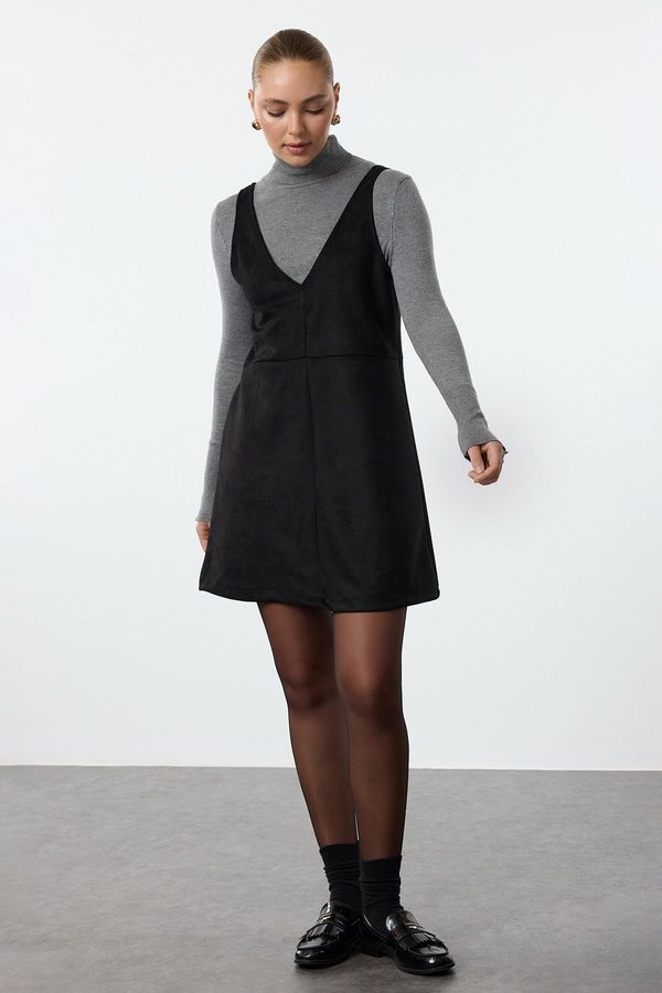 Trendyol Trendyol Black V-Neck Gilet Suede Mini Knitted Dress