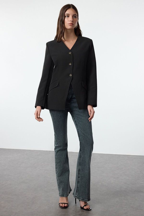 Trendyol Trendyol Black V Neck Woven Blazer Jacket