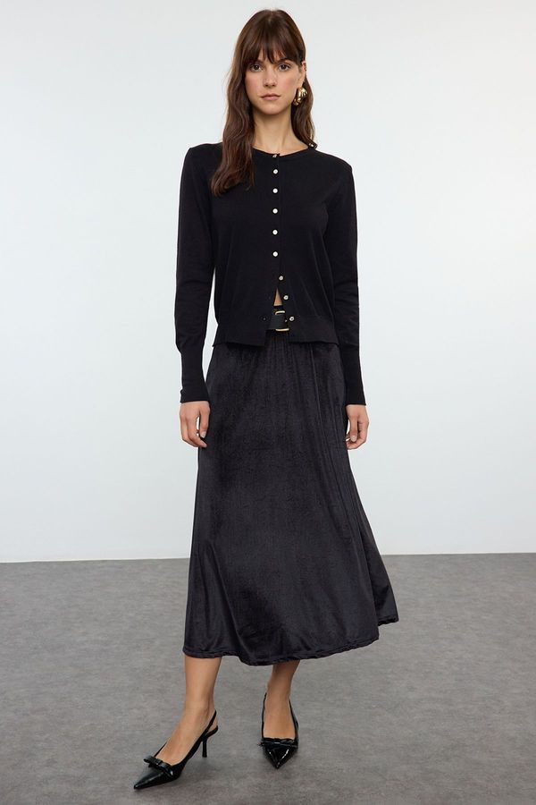 Trendyol Trendyol Black Velvet Elastic Waist Flared Midi Skirt