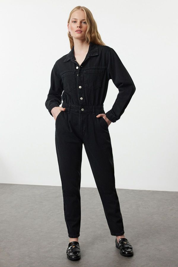 Trendyol Trendyol Black Waist Detailed Denim Jumpsuit