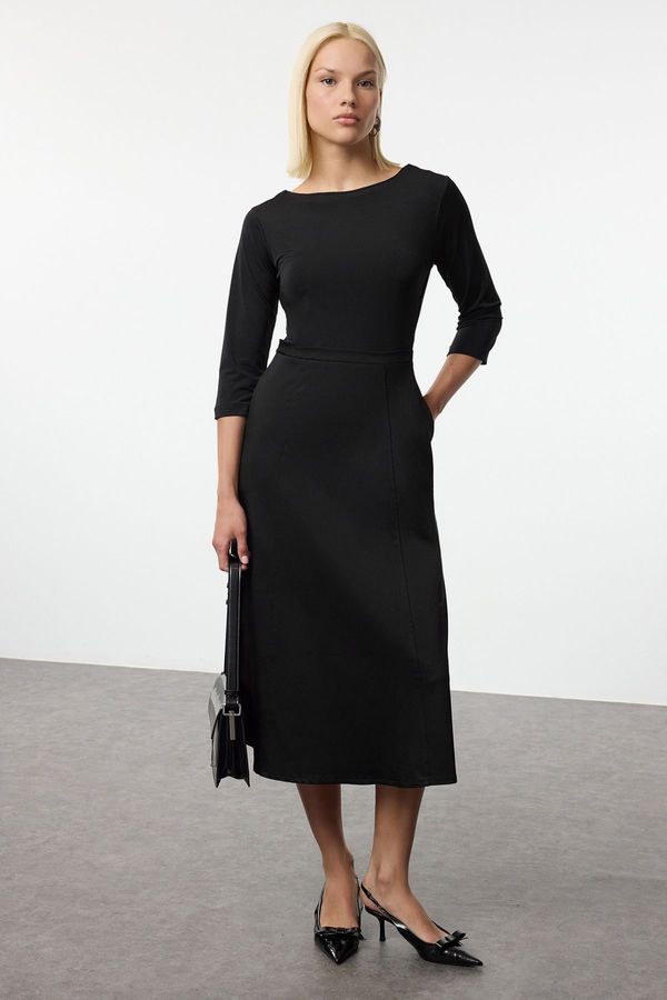 Trendyol Trendyol Black Waist Opening Fabric Mixed Midi Woven Dress