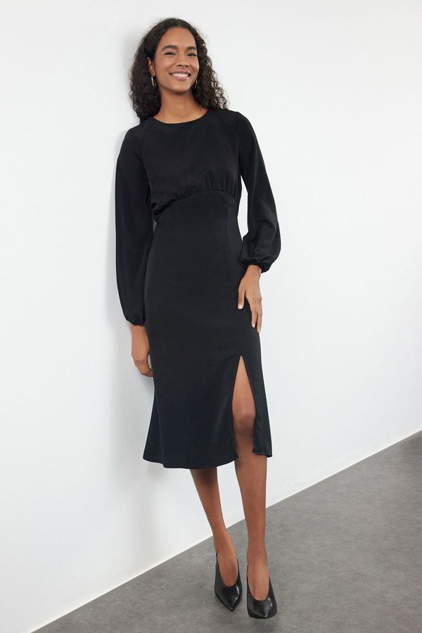 Trendyol Trendyol Black Waist Opening Midi Balloon Sleeve Detailed Woven Dress