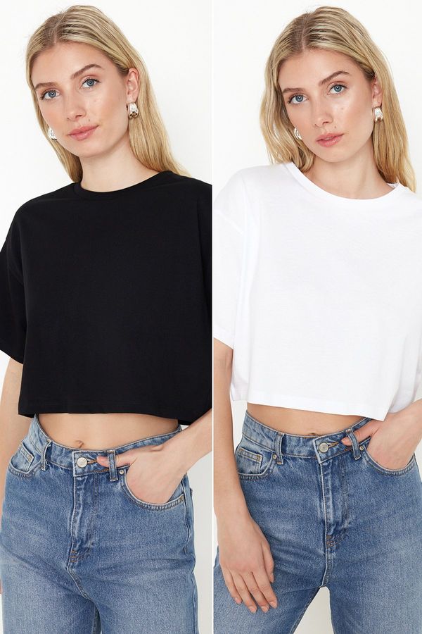 Trendyol Trendyol Black-White 2 Pack 100% Cotton Relax/Comfortable Cut Crop Knitted T-Shirt