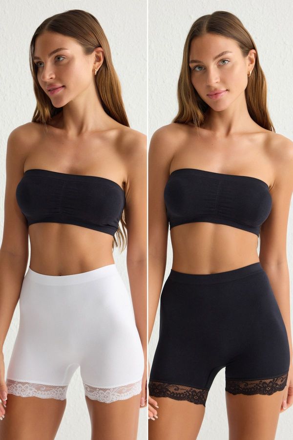 Trendyol Trendyol Black White 2 Pack Seamless Lace Detail Boxer Knitted Briefs