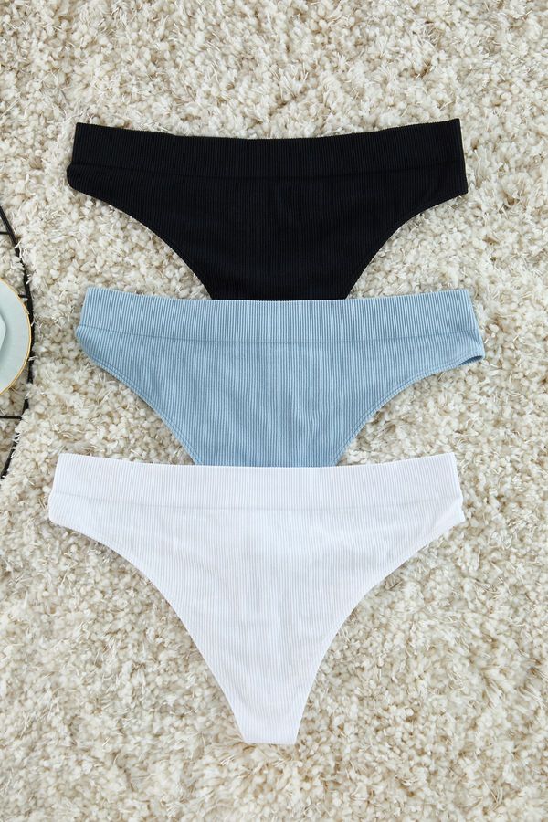 Trendyol Trendyol Black-White-Blue 3-Pack Seamless/Seamless Thong Knitted Panties