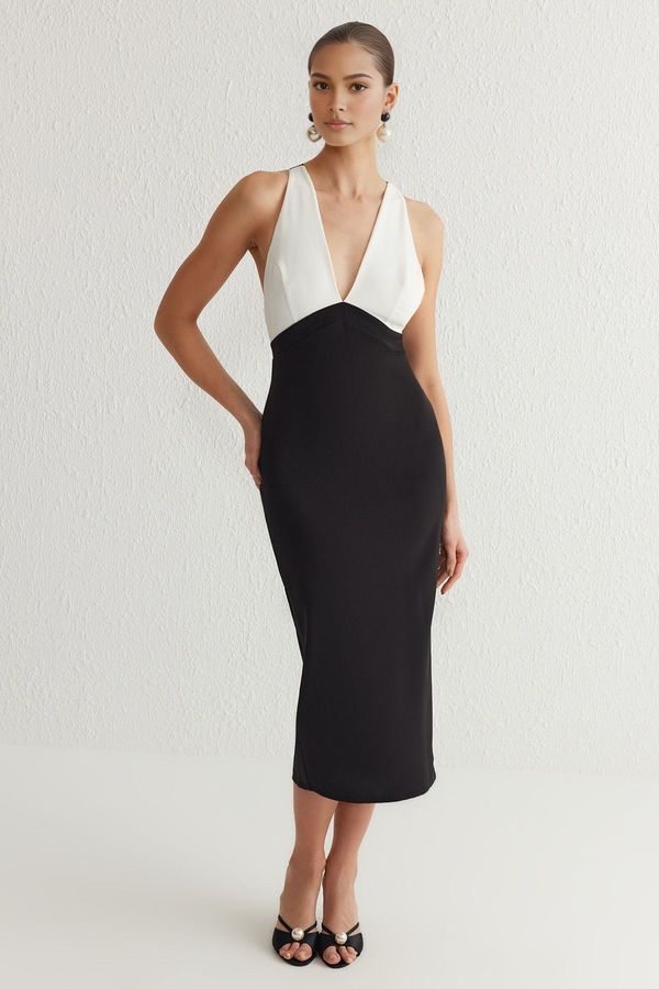 Trendyol Trendyol Black-White Body-Styling Strapless Woven Wedding/Marriage Chic Evening Dress