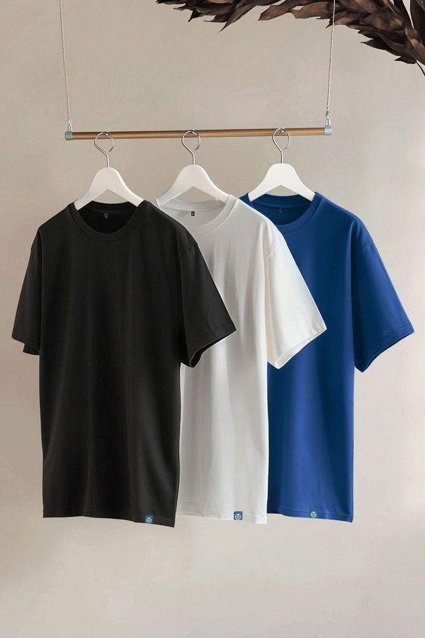 Trendyol Trendyol Black-White-Navy Blue 3some Oversize/Wide Cut Tagged 100% Cotton T-shirt