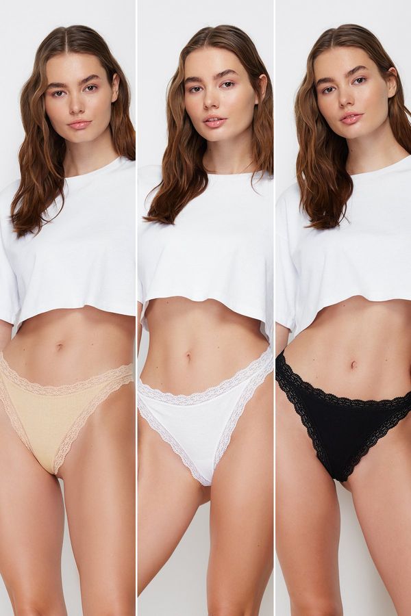 Trendyol Trendyol Black-White-Skin 3-Pack 100% Cotton Ribbed Lace Detailed String Knitted Panties