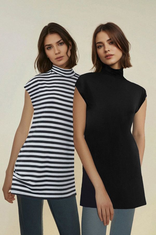 Trendyol Trendyol Black-White Striped 2-Pack Stand Collar Sleeveless Undershirt Lining Tunic