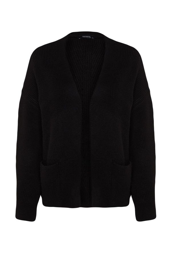 Trendyol Trendyol Black Wide Fit Mehka teksturirana pletenina Cardigan z žepnimi detajli