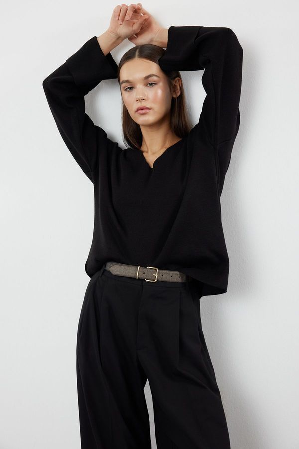 Trendyol Trendyol Black Wide Fit Sleeve Folded Knitwear Sweater