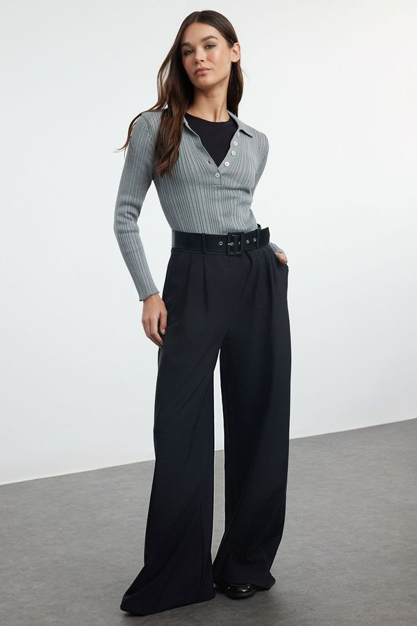 Trendyol Trendyol Black Wide Leg Belted Fabric Trousers