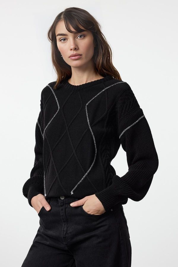 Trendyol Trendyol Black Wide Pattern Knit Detailed Crew Neck Knitwear Sweater