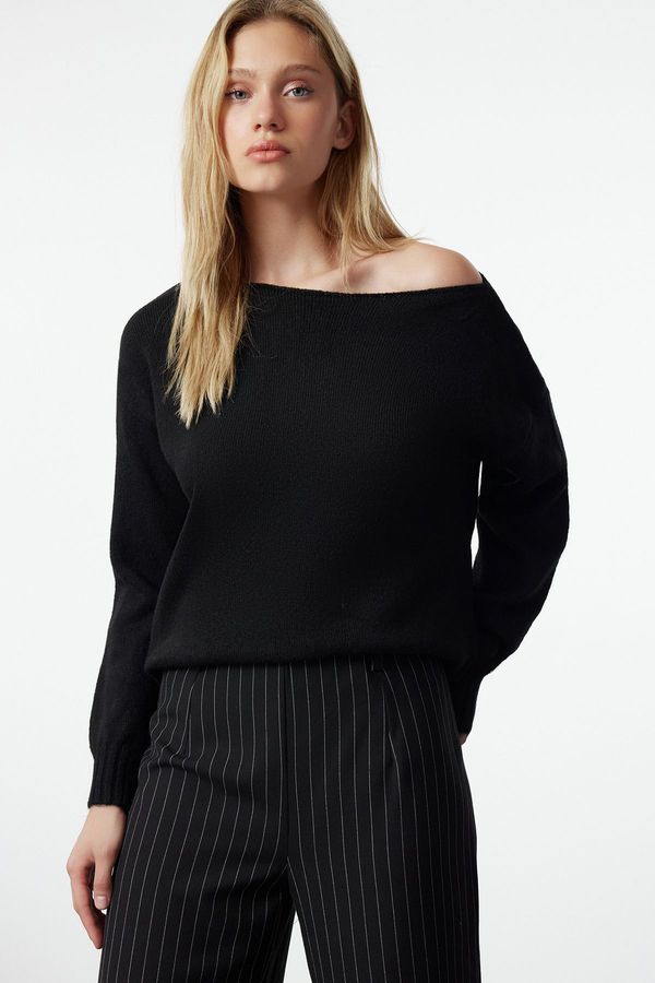 Trendyol Trendyol Black Wool Boat Neck Basic Knitwear Sweater