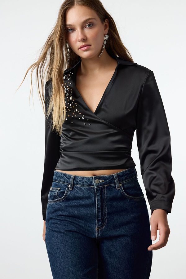 Trendyol Trendyol Black Woven Double Breasted Shiny Stone Satin Shirt