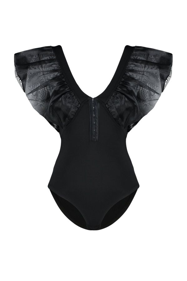 Trendyol Trendyol Black Woven Garnish Attached Flexible Knitted Bodysuit