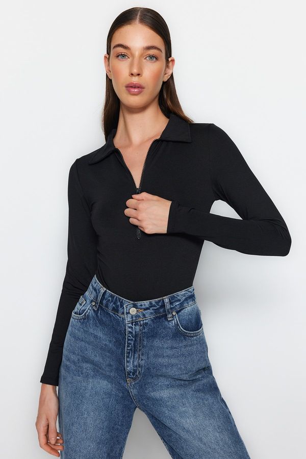 Trendyol Trendyol Black Zipper Collar Detailed Snap Snap Elastic Knitted Bodysuit