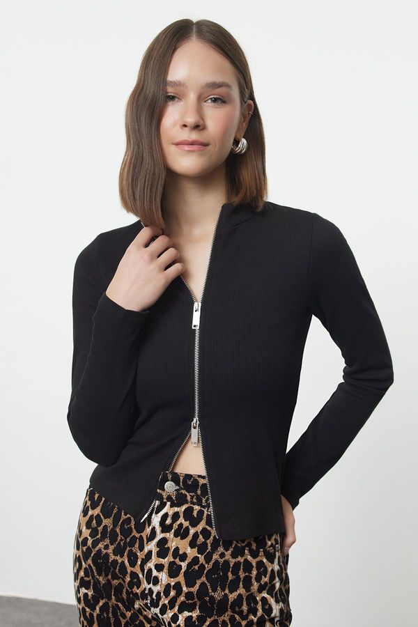 Trendyol Trendyol Black Zipper Collar Slim/Fitting Regular/Normal Length Knitted Blouse