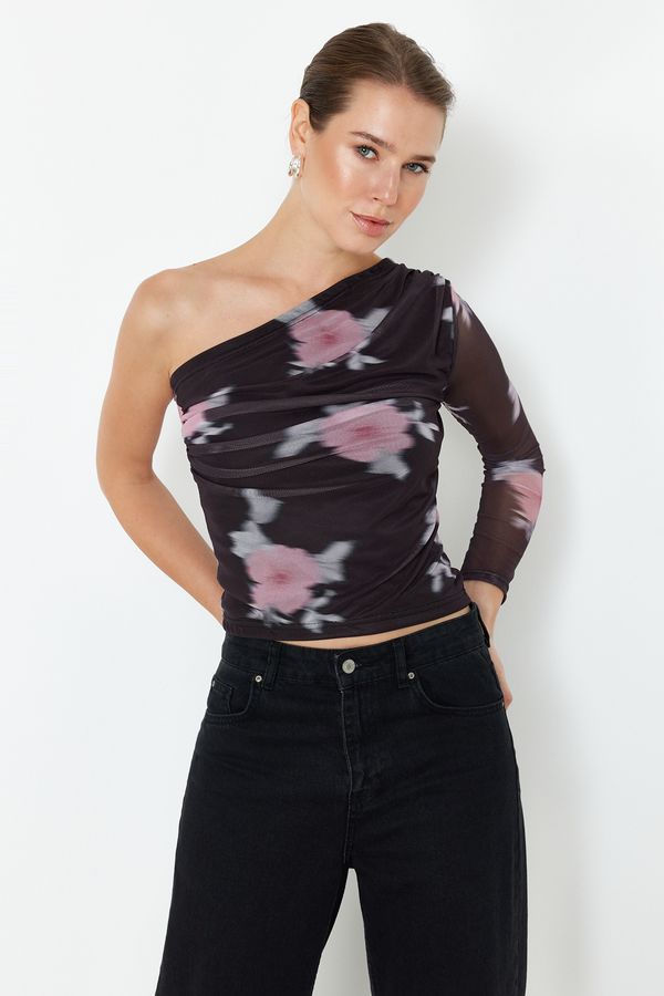 Trendyol Trendyol Black*001 Floral Single Sleeve Gather/Drape Detailed Regular/Normal Fit Knitted Blouse