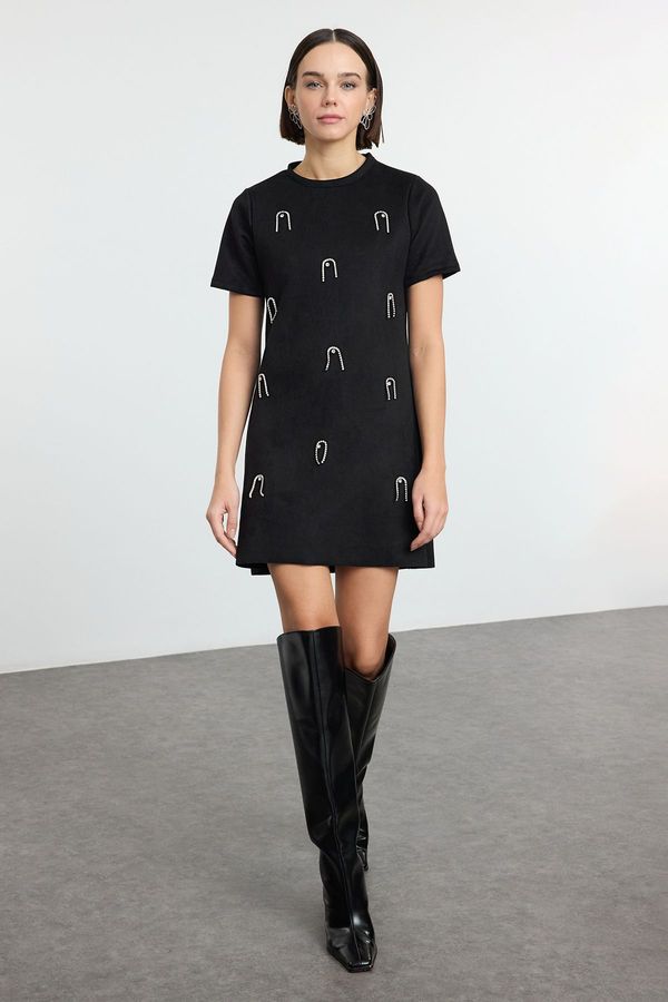 Trendyol Trendyol Black*001 Plain Pearl/Troc/Stone/Bird's Eye Mini Crew Neck Stone Detailed Suede Knit Dress