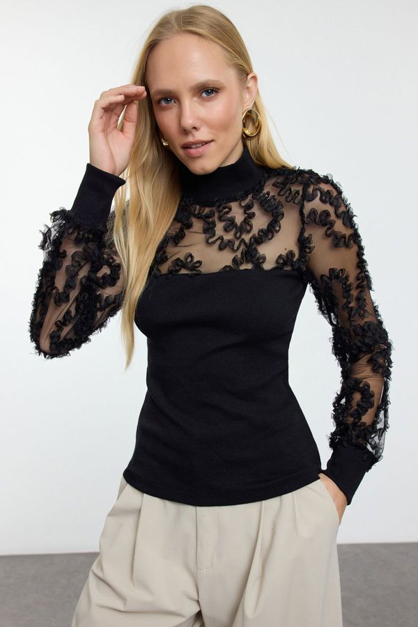 Trendyol Trendyol Black*001 Tulle Garni Detailed Fitted/Full Neck Ribbed Flexible Knitted Blouse