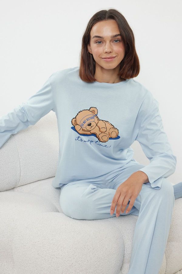 Trendyol Trendyol Blue %00 Cotton Teddy Bear and Slogan Printed Knitted Pajama Set