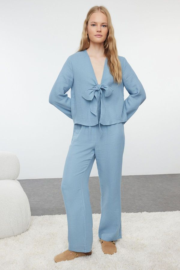 Trendyol Trendyol Blue 100% Cotton Solid Tie Detail Muslin Woven Pajama Set