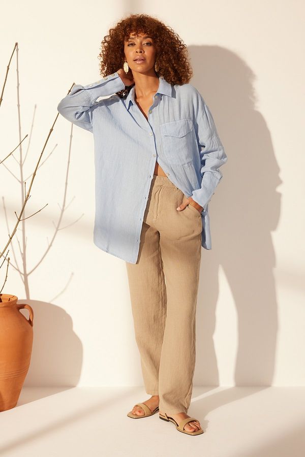 Trendyol Trendyol Blue 100% Linen Oversize Shirt