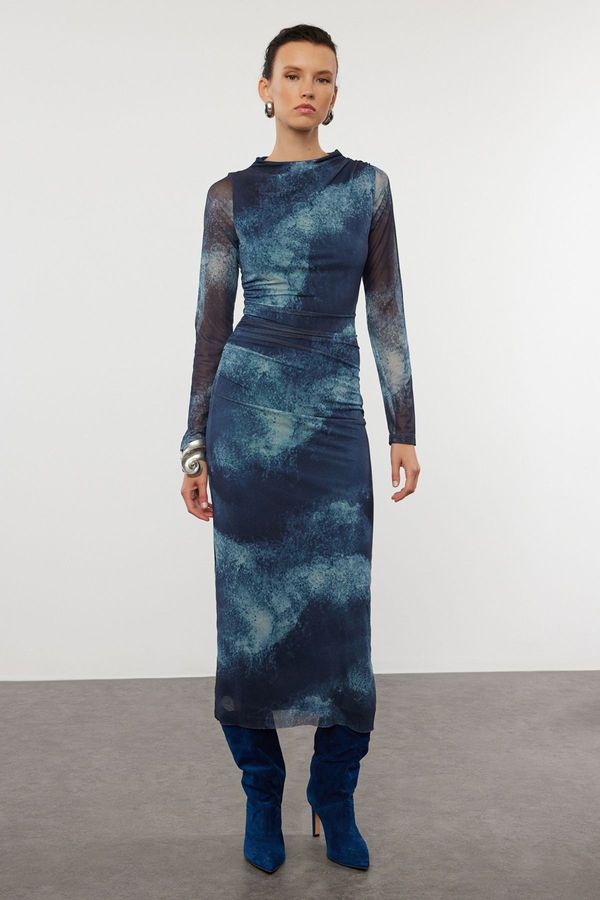 Trendyol Trendyol Blue Abstract Bodycone Gather/Drape Maxi Knit Dress