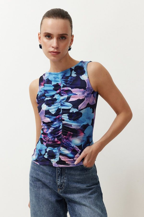 Trendyol Trendyol Blue Abstract Patterned Gathered/Drape Detailed Regular/Regular Fit Knitted Blouse